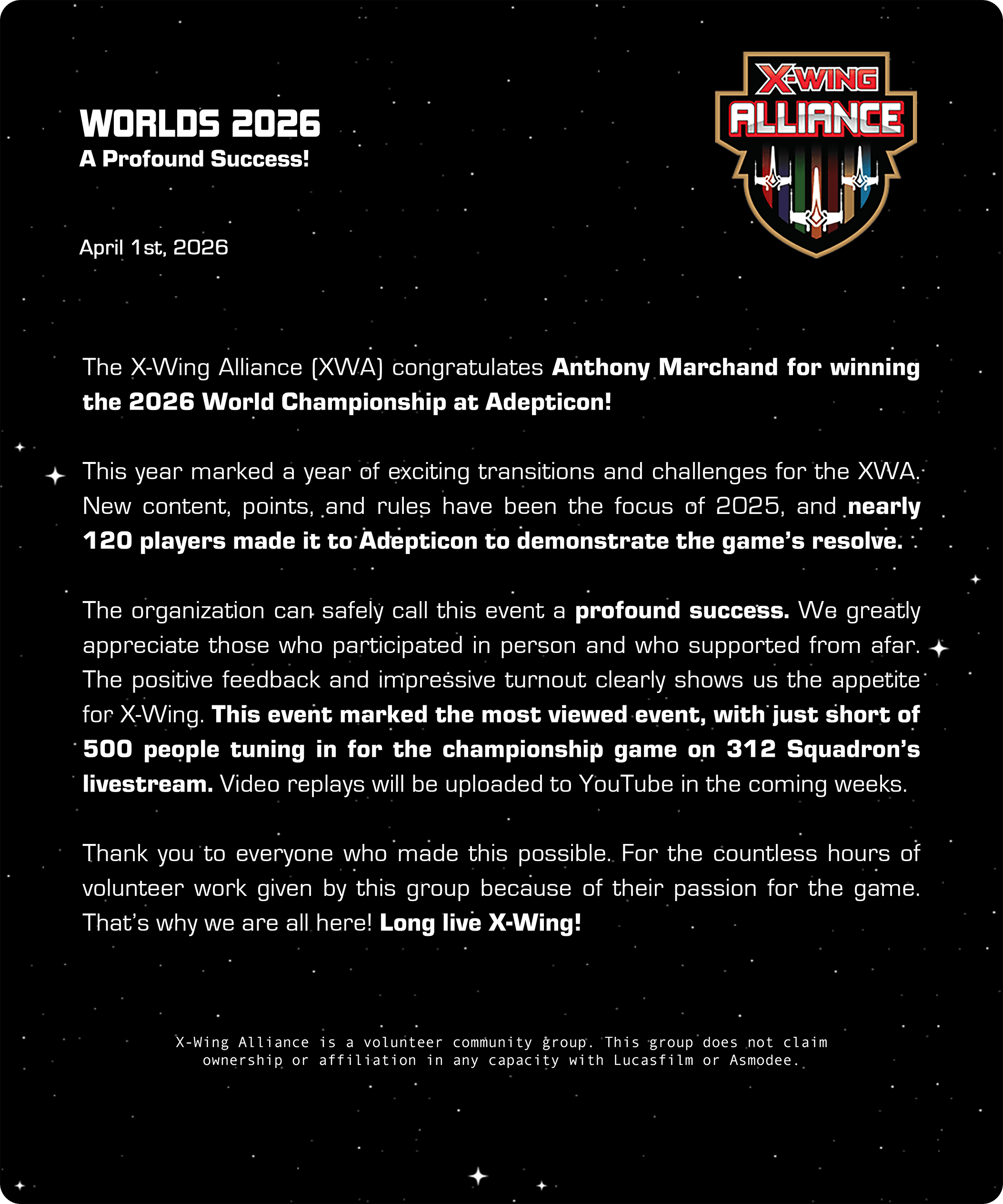 Worlds 2026 A Profound Success recap from the X-Wing Alliance