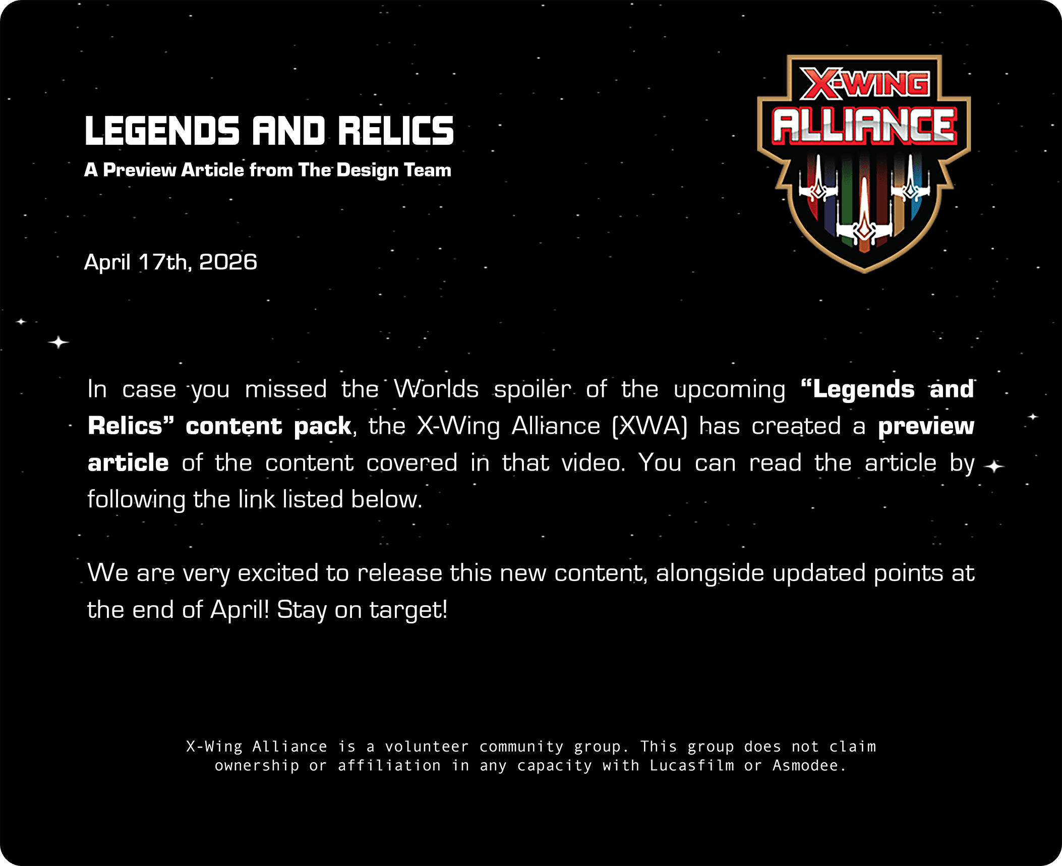 Legends and Relics preview article from the XWA Design Team