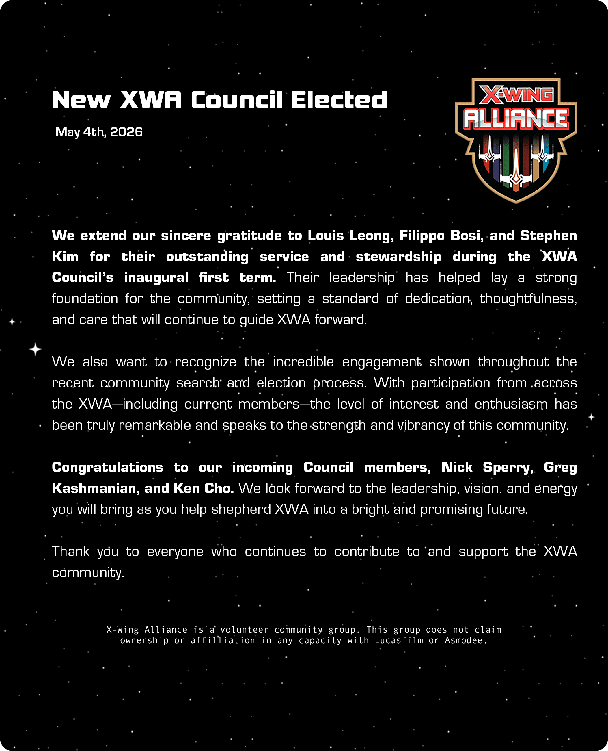 Council Announcement from the XWA