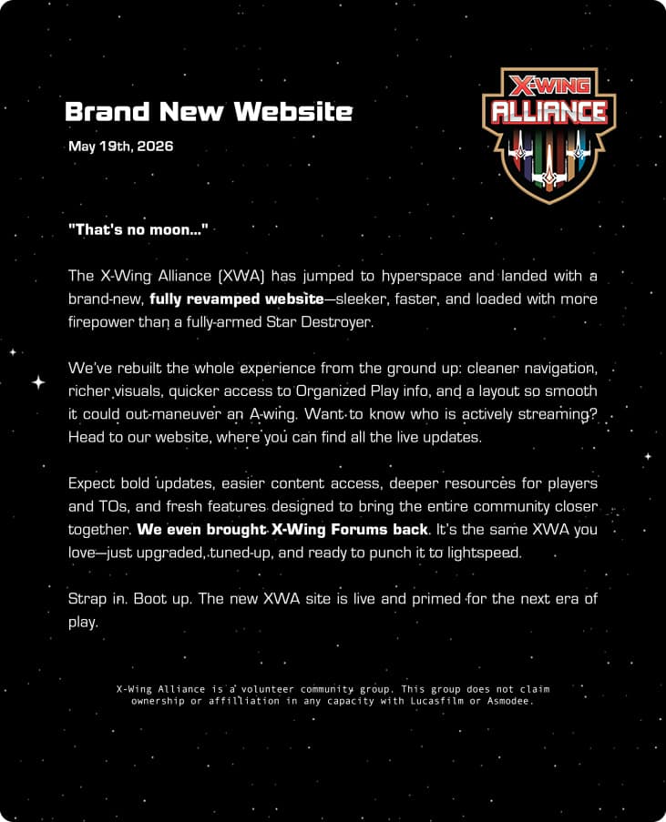 X-Wing Alliance logo shield on a starry black background announcing a brand new website, dated May 19th, 2026.