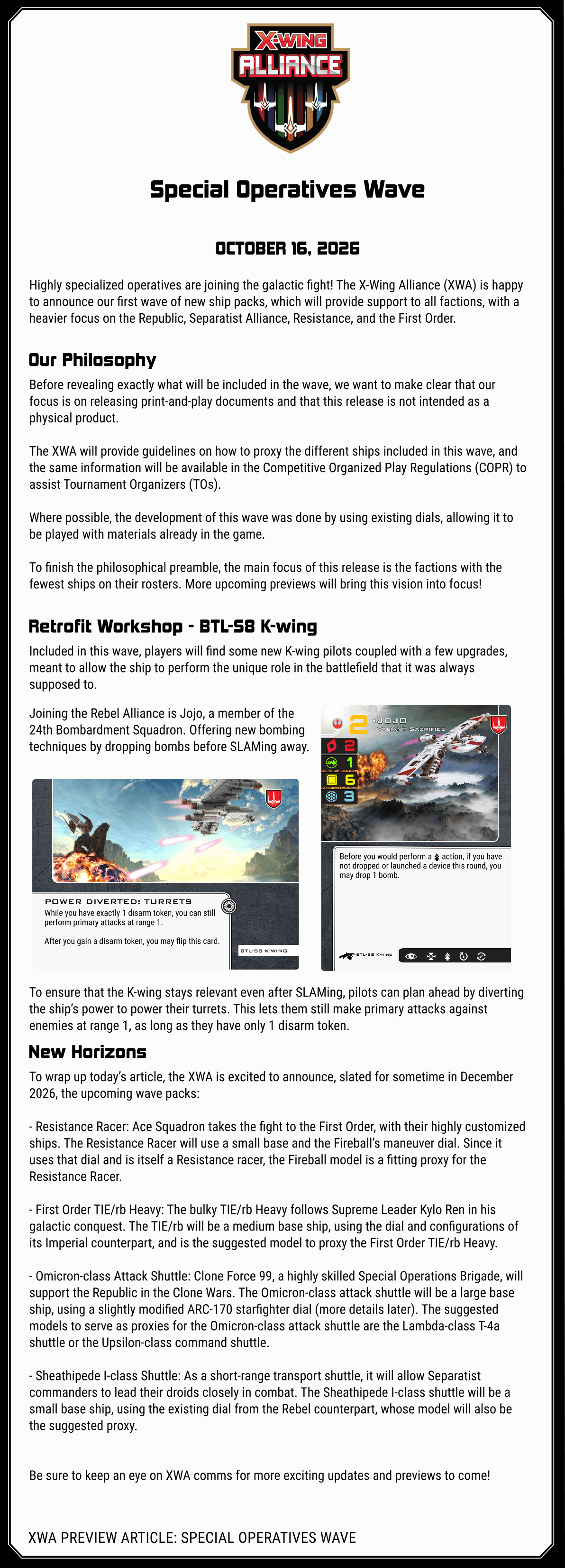 XWA Preview Article cover for the Special Operatives Wave, featuring the X-Wing Alliance logo, a BTL-S8 K-wing in action, Jojo's pilot card, and a 'Power Diverted: Turrets' upgrade card.