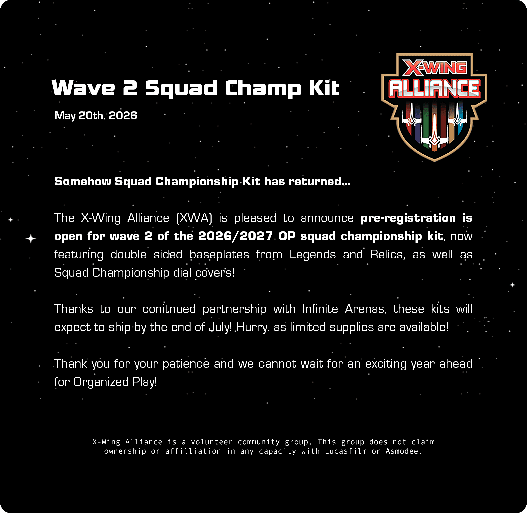 X-Wing Alliance logo shield with colorful starfighters against a starry black space background, announcing the Wave 2 Squad Champ Kit dated May 20th, 2026.